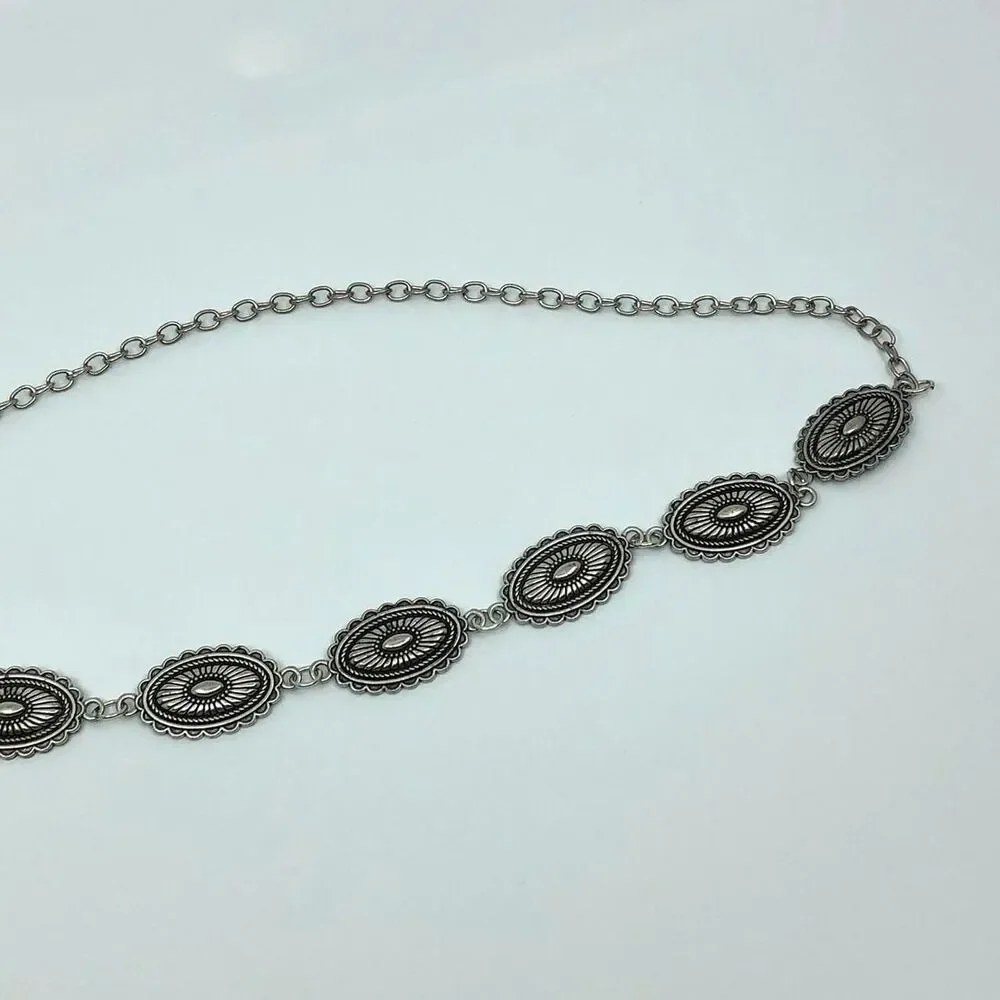 Vintage Y2K Western Silver Concho Chain Belt, Fits 16–39.5 Inches, X7GA1222